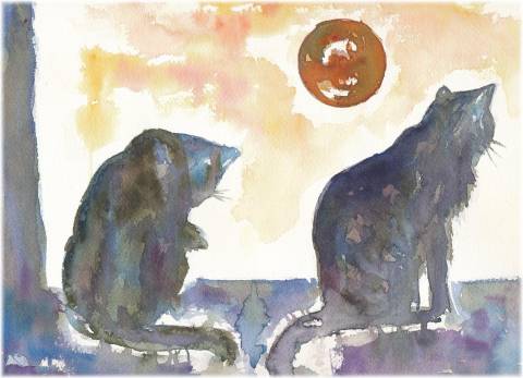 Two cats and moon